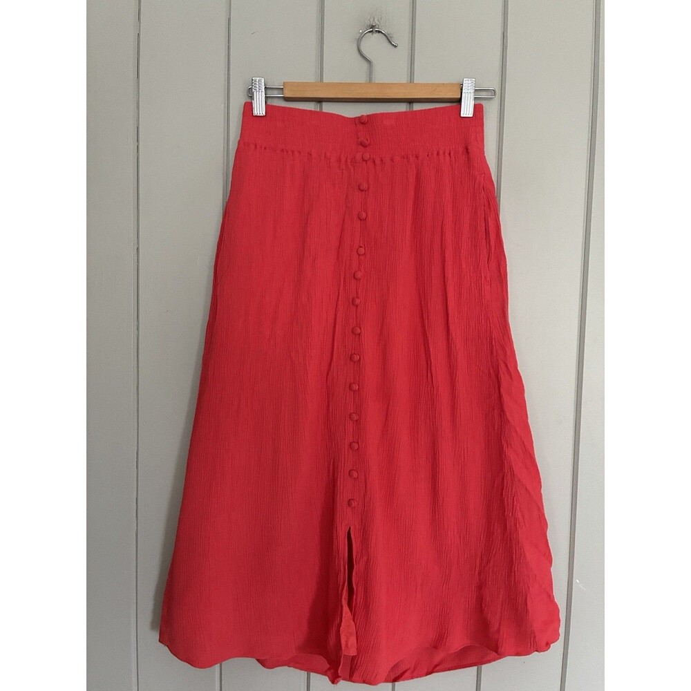 Madewell Midi Skirt XS Red Button Front Smocked Crinkle Gauze NA234